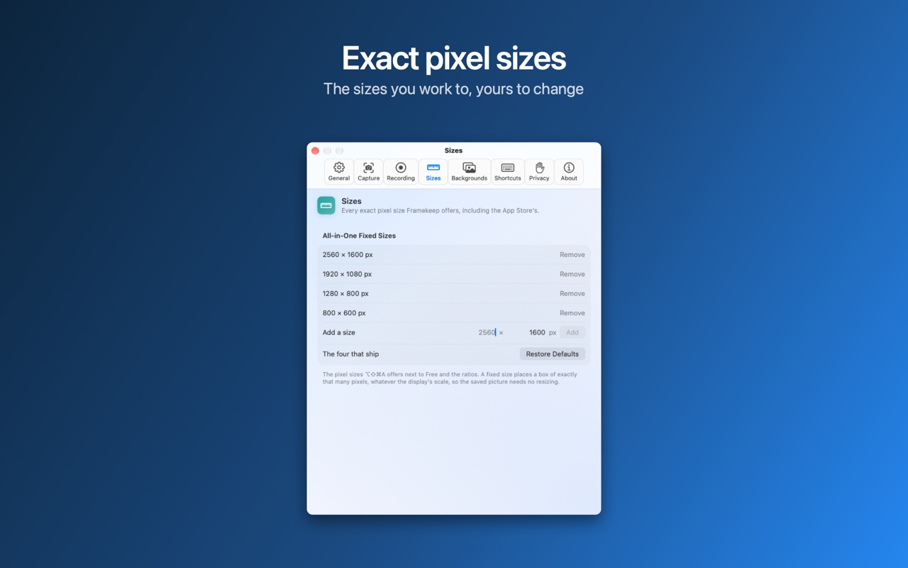 Settings, Sizes