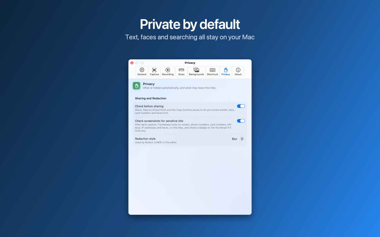 Settings, Privacy: text, faces and searching all stay on the Mac